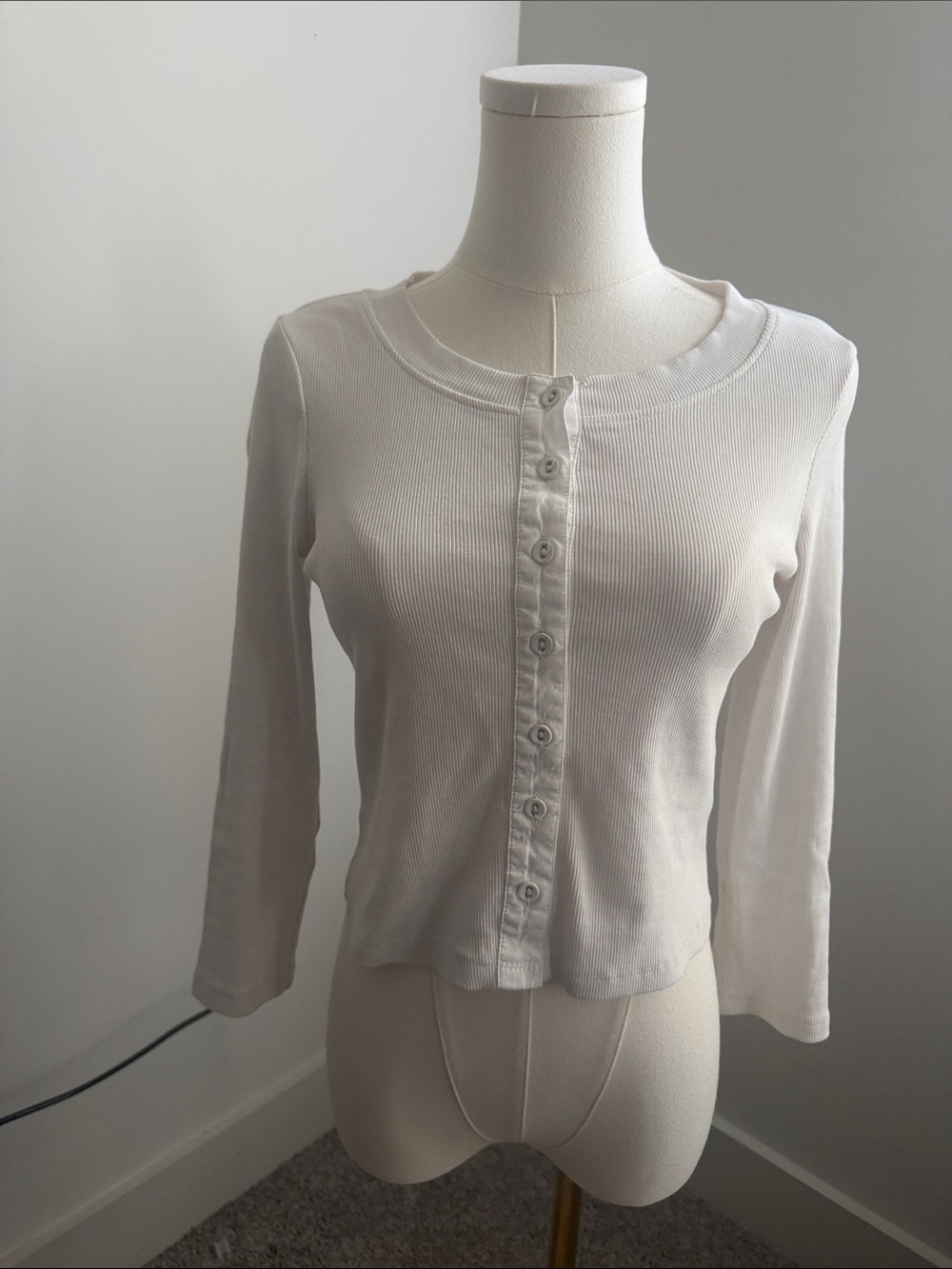 Free People White Ribbed Button-Front Long Sleeve Top
